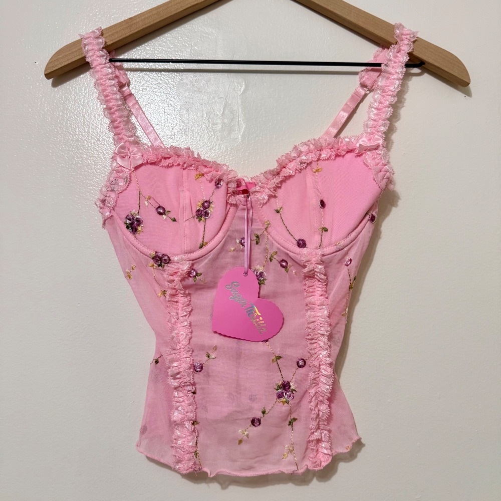 Sugar Thrillz Pink Floral Embroidered Corset Top Mesh Coquette Fairycore Bustier